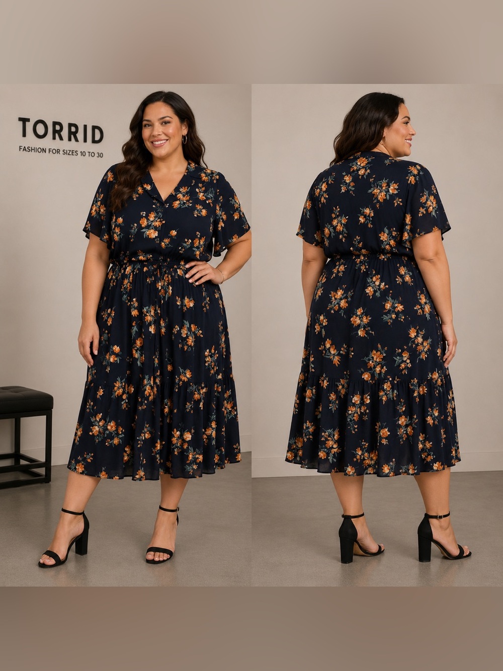 Torrid Floral Midi Dress in Navy with Orange Blooms (4)